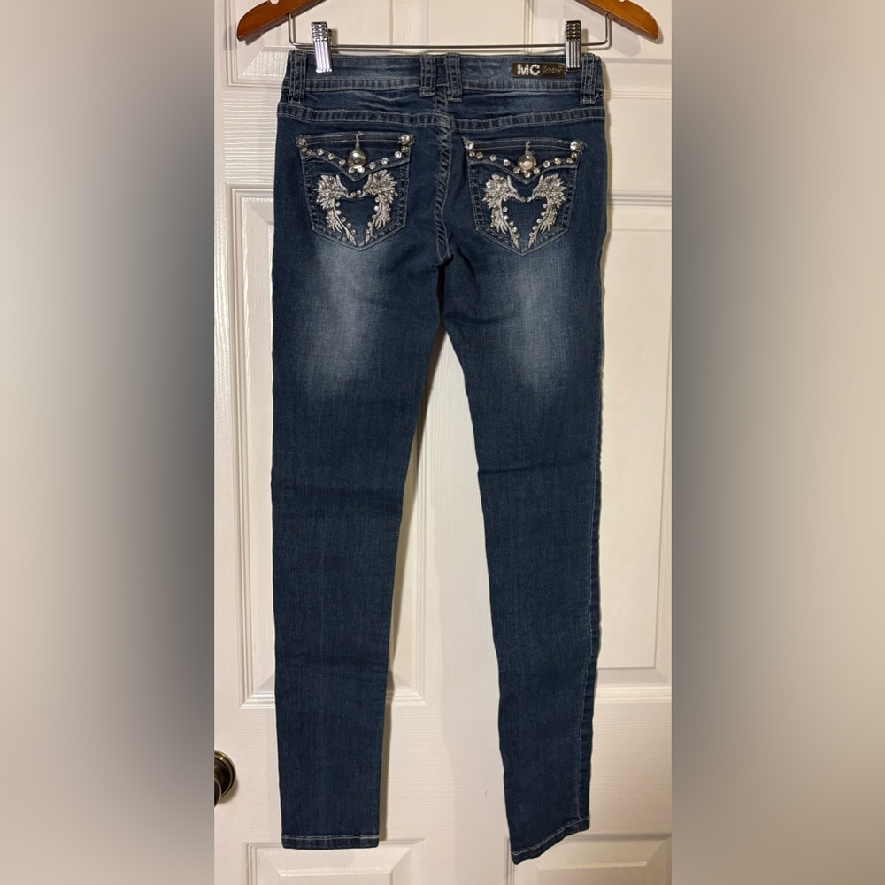 Miss Chic Embroidered & Rhinestone Skinny Distressed Blue Jeans - Picture 3 of 8
